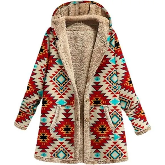 IVERIRMIN Women's Boho Fuzzy Fleece Quilted Hoodie Jacket Vintage Floral Button