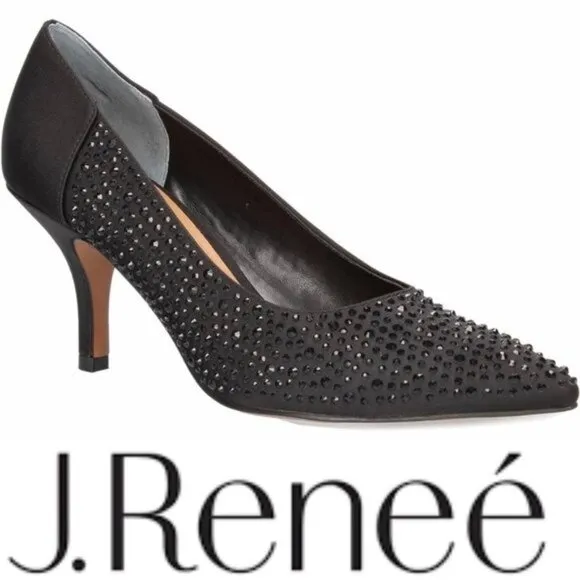 J. Renee Rishna Fabric Rhinestones Shoes Heels Pumps Size 10.5 Satin Black