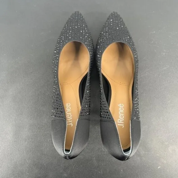 J. Renee Rishna Fabric Rhinestones Shoes Heels Pumps Size 10.5 Satin Black