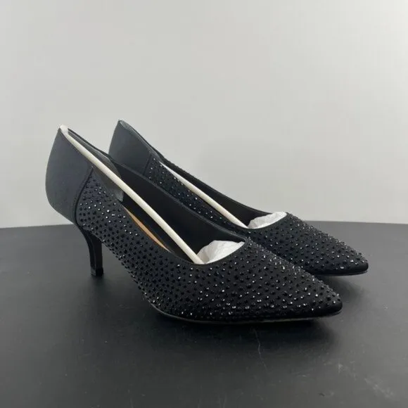 J. Renee Rishna Fabric Rhinestones Shoes Heels Pumps Size 10.5 Satin Black