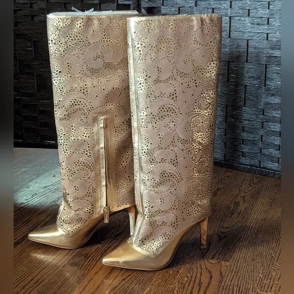Jessica Simpson Gold Stiletto Heels Boots Intricate Design Laser Cut 5 NEW w/box
