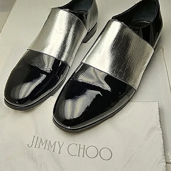 JIMMY CHOO sz 40 Men's Black Silver Stripe Classic Leather Shiny Dress Shoes