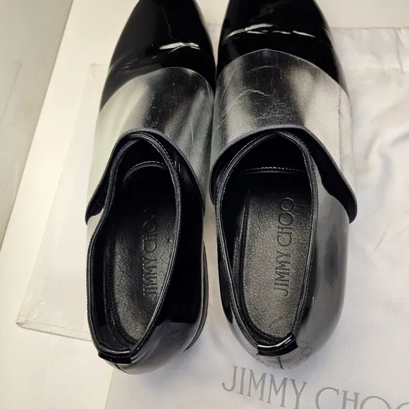 JIMMY CHOO sz 40 Men's Black Silver Stripe Classic Leather Shiny Dress Shoes