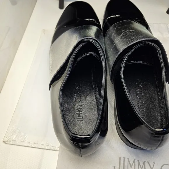JIMMY CHOO sz 40 Men's Black Silver Stripe Classic Leather Shiny Dress Shoes