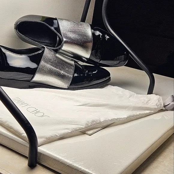 JIMMY CHOO sz 40 Men's Black Silver Stripe Classic Leather Shiny Dress Shoes