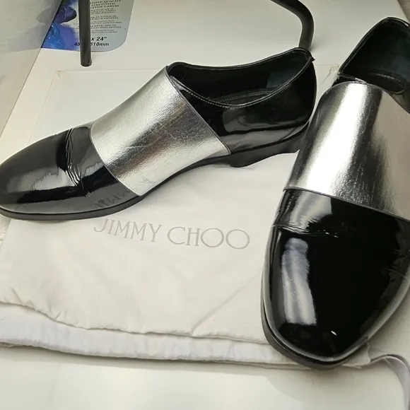 JIMMY CHOO sz 40 Men's Black Silver Stripe Classic Leather Shiny Dress Shoes
