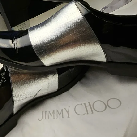 JIMMY CHOO sz 40 Men's Black Silver Stripe Classic Leather Shiny Dress Shoes