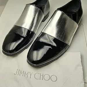 JIMMY CHOO sz 40 Men's Black Silver Stripe Classic Leather Shiny Dress Shoes