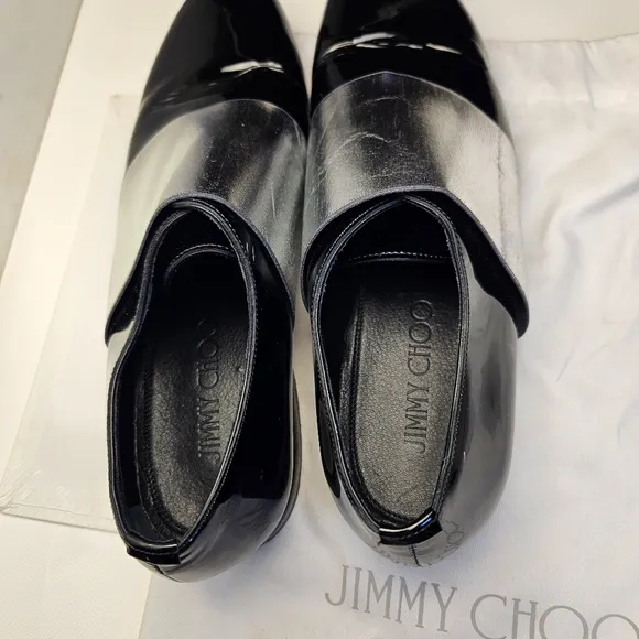 JIMMY CHOO sz 40 Men's Black Silver Stripe Classic Leather Shiny Dress Shoes
