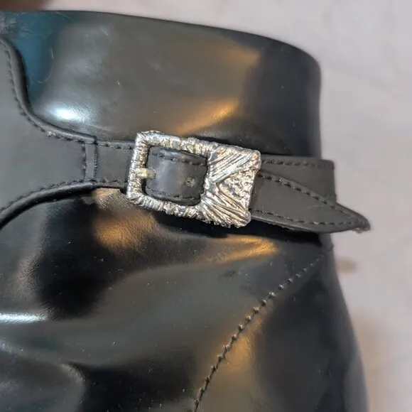 John Fluevog Unite Moon Black Leather Ankle Booties U Shaped Heel Womens Size 9