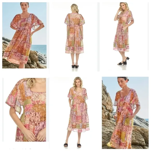 Johnny Was Macy Silk-Blend Midi Dress. Pockets.  Size large