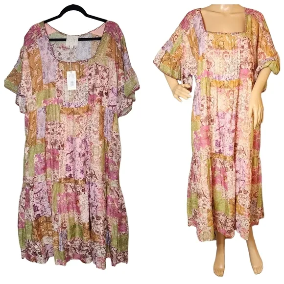 Johnny Was Macy Silk-Blend Midi Dress. Pockets.  Size large