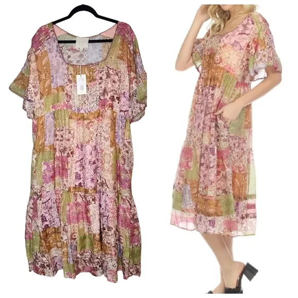 Johnny Was Macy Silk-Blend Midi Dress. Pockets.  Size large