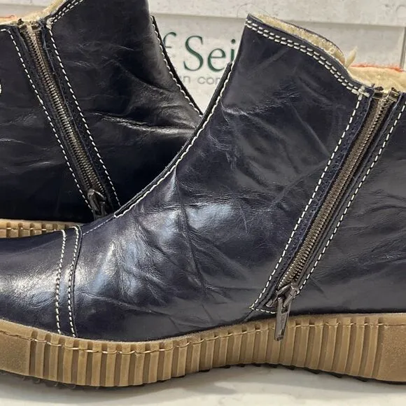 Josef Seibel NEW Maren Leather Fleece Navy Ankle Boots Womens Sz 7-7.5 EU 38