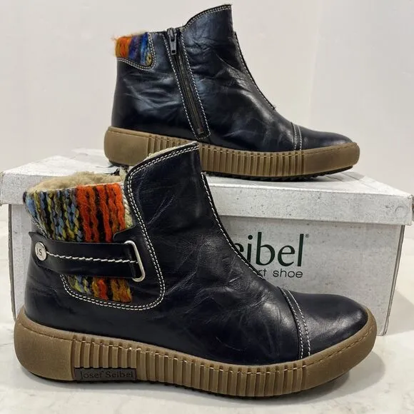 Josef Seibel NEW Maren Leather Fleece Navy Ankle Boots Womens Sz 7-7.5 EU 38