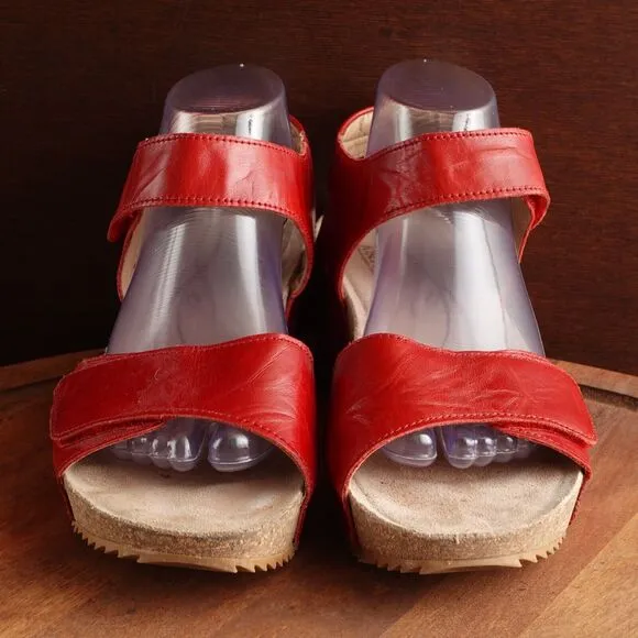 Josef Seibel Sandals Womens SZ EU 41 US 10-10.5 Red Leather Wedge Comfort Shoes