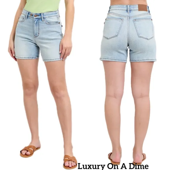 Judy Blue High Rise Double Button Waist Denim Mid-length Slim Fit Jean Shorts