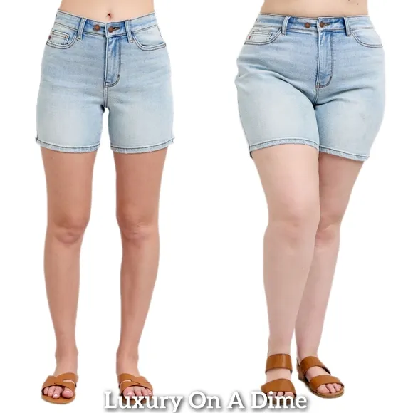 Judy Blue High Rise Double Button Waist Denim Mid-length Slim Fit Jean Shorts
