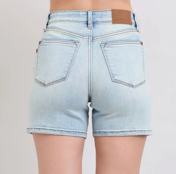Judy Blue High Rise Double Button Waist Denim Mid-length Slim Fit Jean Shorts