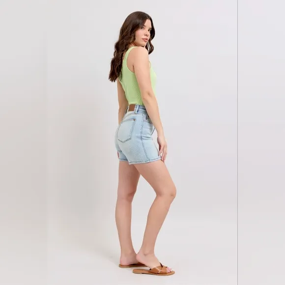 Judy Blue High Rise Double Button Waist Denim Mid-length Slim Fit Jean Shorts