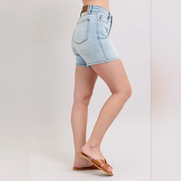 Judy Blue High Rise Double Button Waist Denim Mid-length Slim Fit Jean Shorts