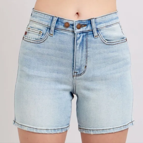 Judy Blue High Rise Double Button Waist Denim Mid-length Slim Fit Jean Shorts
