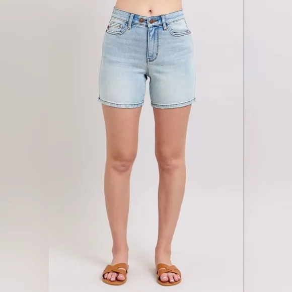 Judy Blue High Rise Double Button Waist Denim Mid-length Slim Fit Jean Shorts