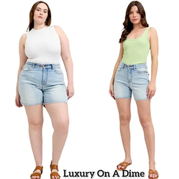 Judy Blue High Rise Double Button Waist Denim Mid-length Slim Fit Jean Shorts