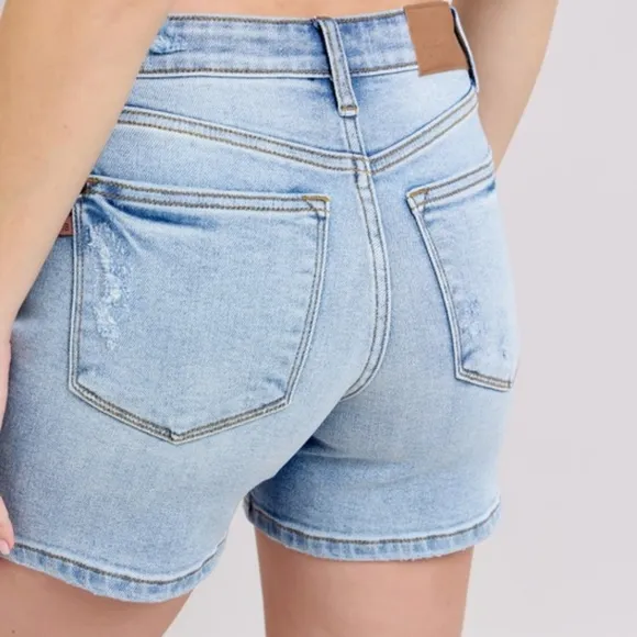 Judy Blue Mid Rise Classic Denim Blue Stone Wash Distressed Torn Jean Shorts