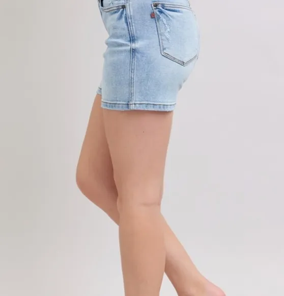 Judy Blue Mid Rise Classic Denim Blue Stone Wash Distressed Torn Jean Shorts