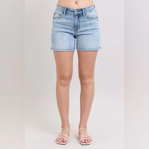 Judy Blue Mid Rise Classic Denim Blue Stone Wash Distressed Torn Jean Shorts