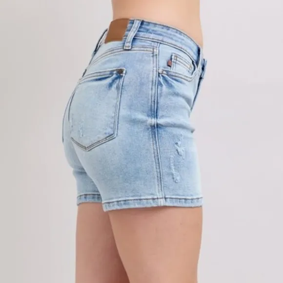 Judy Blue Mid Rise Classic Denim Blue Stone Wash Distressed Torn Jean Shorts