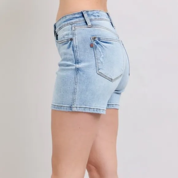 Judy Blue Mid Rise Classic Denim Blue Stone Wash Distressed Torn Jean Shorts