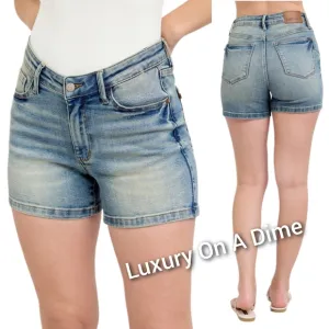 Judy Blue V-waist Slim Fit Denim Mid-length Skinny Leg Retro Vintage Wash Shorts