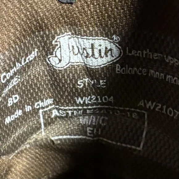 Justin Boots Tanker Vibram Brown Water Buffalo WK2104 Square Steel Toe Men’s 8 D