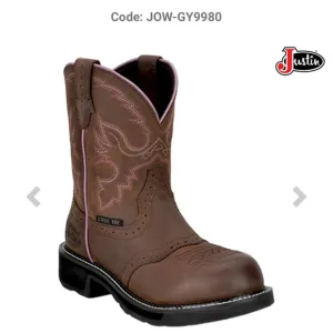Justin Brown Western Steel Toe Boots with Pink Accents