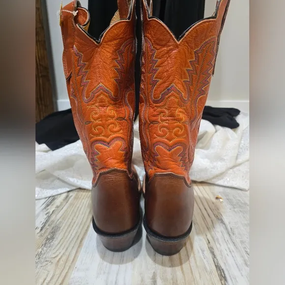 Justin L2659 Vintage Brown Wildfire Orange Square Toe Western Boots Sz 7