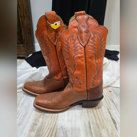 Justin L2659 Vintage Brown Wildfire Orange Square Toe Western Boots Sz 7