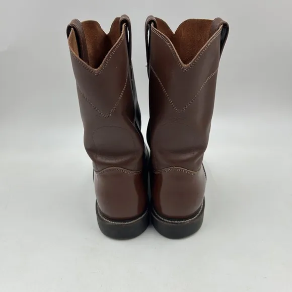 justin mens 9.5EE brown leather round toe cowboy roper boots 4102