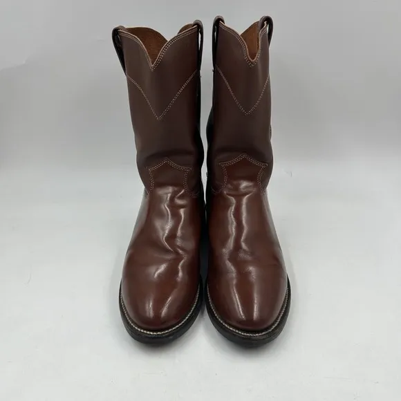 justin mens 9.5EE brown leather round toe cowboy roper boots 4102
