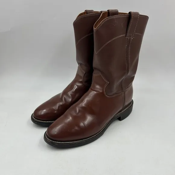 justin mens 9.5EE brown leather round toe cowboy roper boots 4102