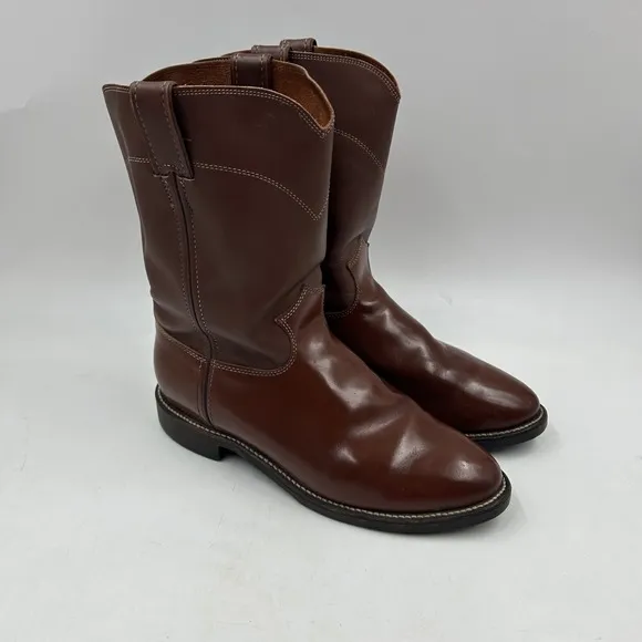justin mens 9.5EE brown leather round toe cowboy roper boots 4102