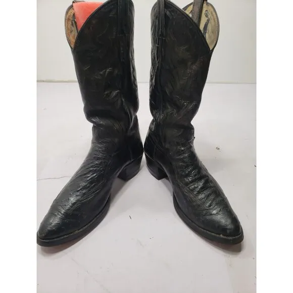 Justin Men’s J6657 Size 10D Black Almond Toe Ostrich Leg Pull Up Cowboy Boots