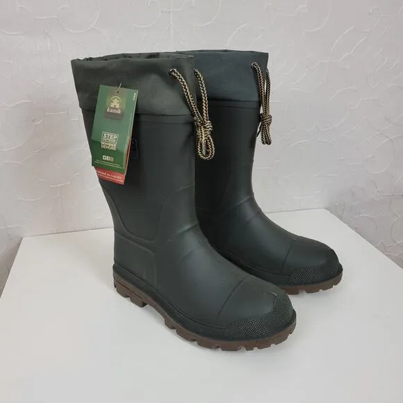 Kamik Icebreaker Insulated Mens Boots Size 8 Black Khaki Waterproof Rubber NEW