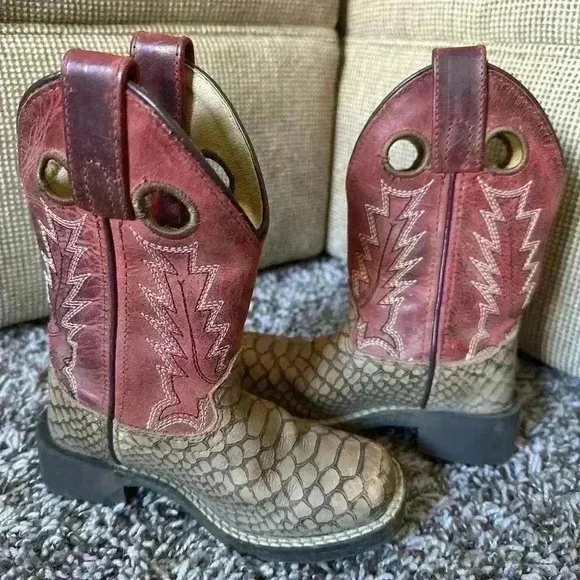 Kids Red Brown Smoky Mountain Viper Square Toe Cowboy Boots Size 8.5