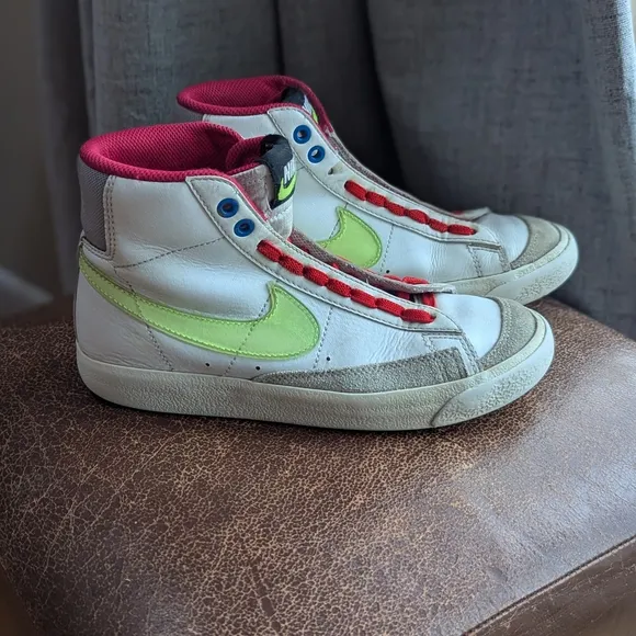 Kids White and Neon Green High-Top Sneakers