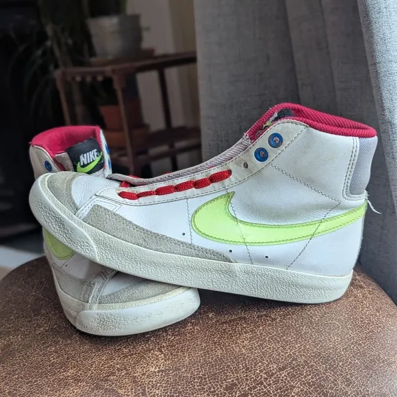 Kids White and Neon Green High-Top Sneakers