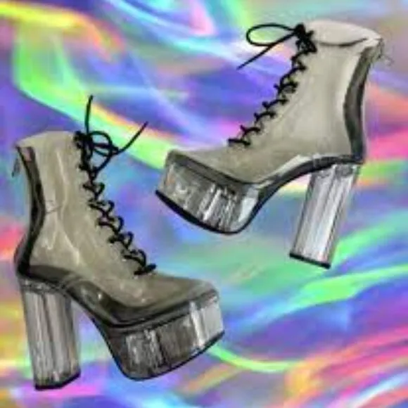💥KILLER BOOTS!💥DOLLS KILL CURRENT MOOD TRANSPARENT PLATFORM LACE -UP BOOTS