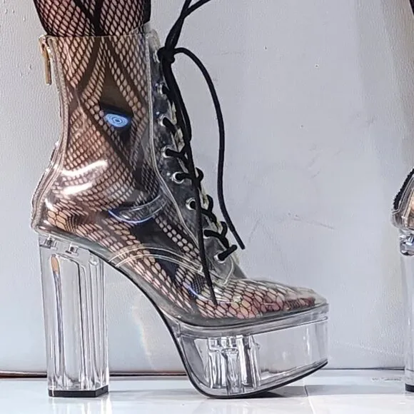 💥KILLER BOOTS!💥DOLLS KILL CURRENT MOOD TRANSPARENT PLATFORM LACE -UP BOOTS