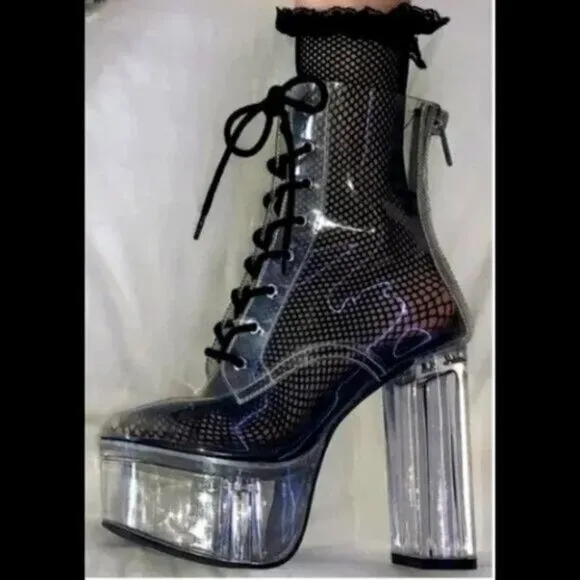 💥KILLER BOOTS!💥DOLLS KILL CURRENT MOOD TRANSPARENT PLATFORM LACE -UP BOOTS